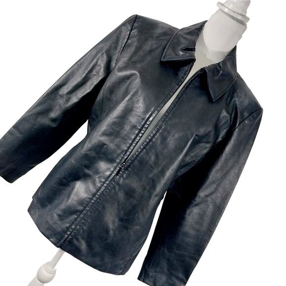 WORTHINGTON! SLEEK BLACK GENUINE LEATHER HIDDEN FRONT POCKET JACKET COAT! SZ PXL - Picture 1 of 12